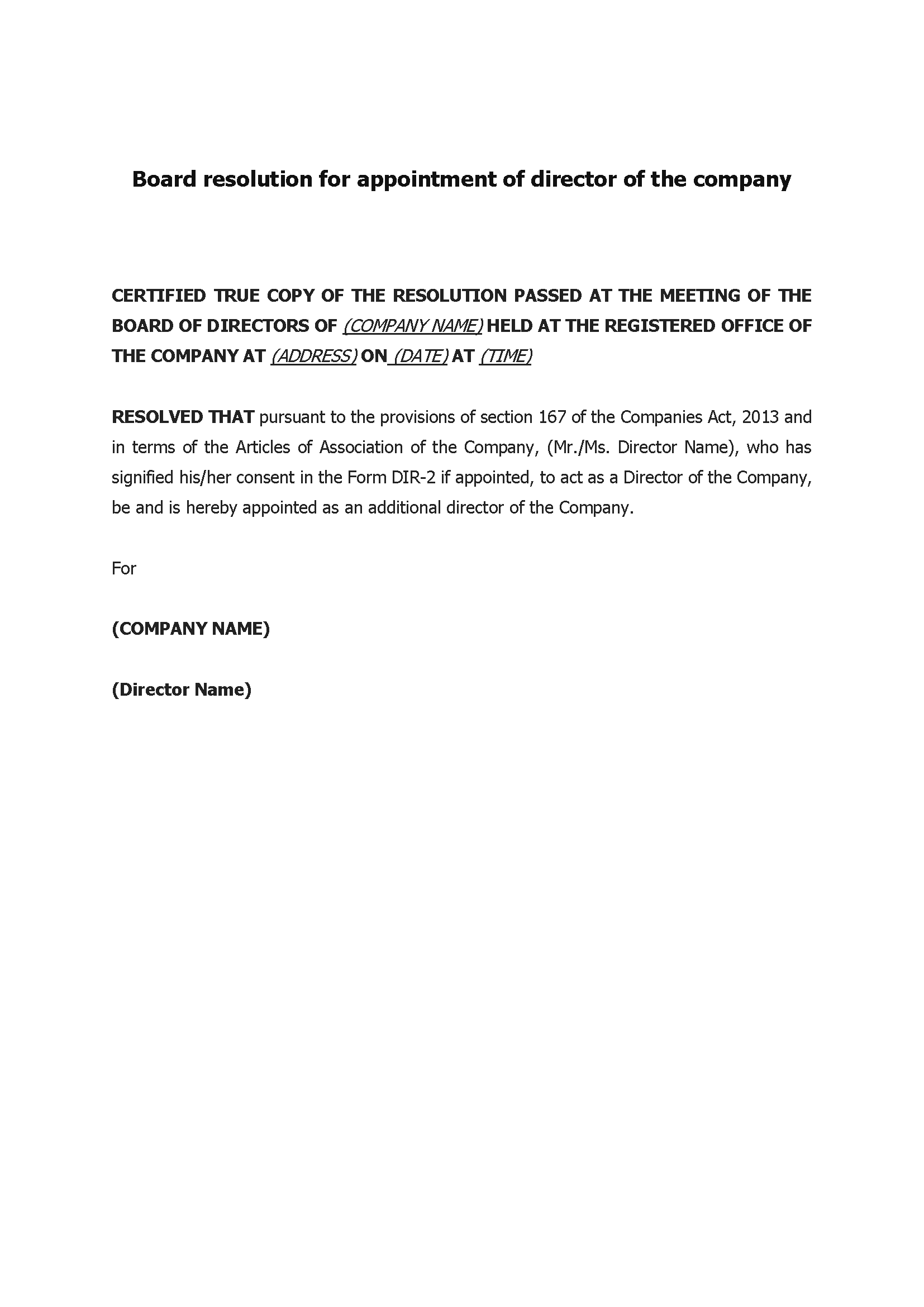 Board Resolution For Appointment Of Director Of The Company